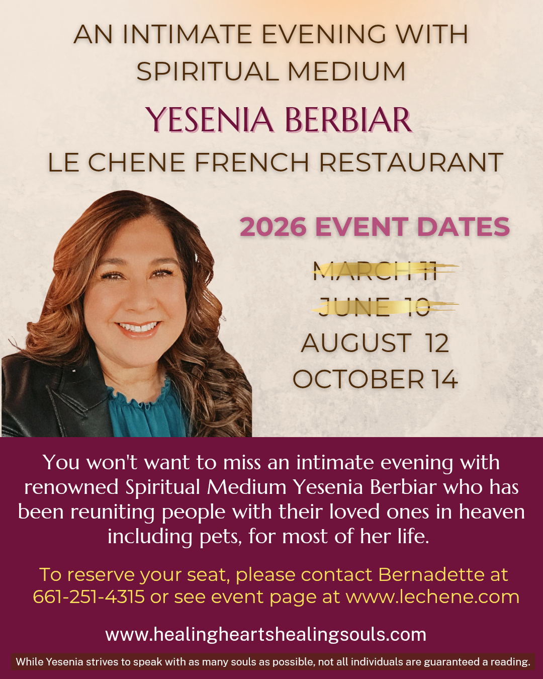 Yesenia Berbiar - Spiritual Medium - 2026 Dates